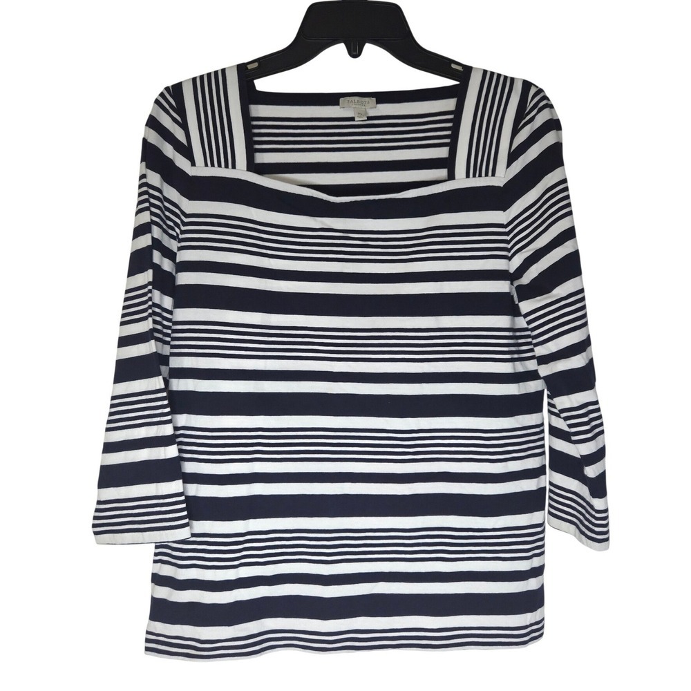 Talbots Petite MP Navy White Striped Square Neck 3/4 Sleeve Cotton Top coastal